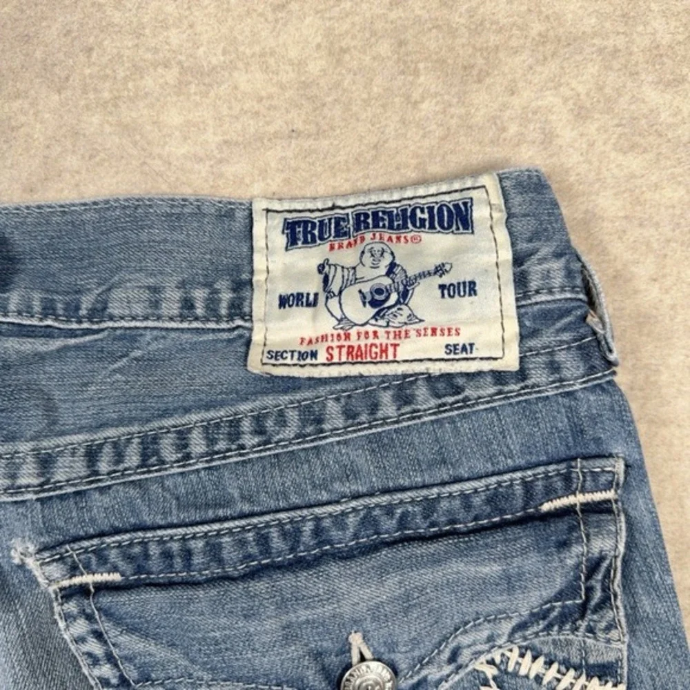 True Religion Straight Leg Jeans Flaps Blue‎ Distressed Mens 33x31 Denim *Read*